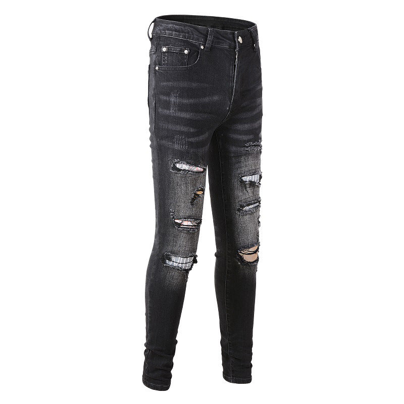 Street Denim Ripped Micro-elastic Cotton Youth Black Paint-splashed Back Bag Print Skinny Jeans #859