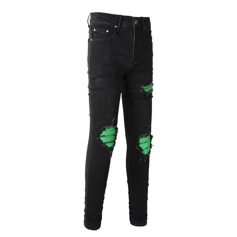 American Street Washing Process Green Patch Jeans Retro Men's Stretch Slim Jeans 8880