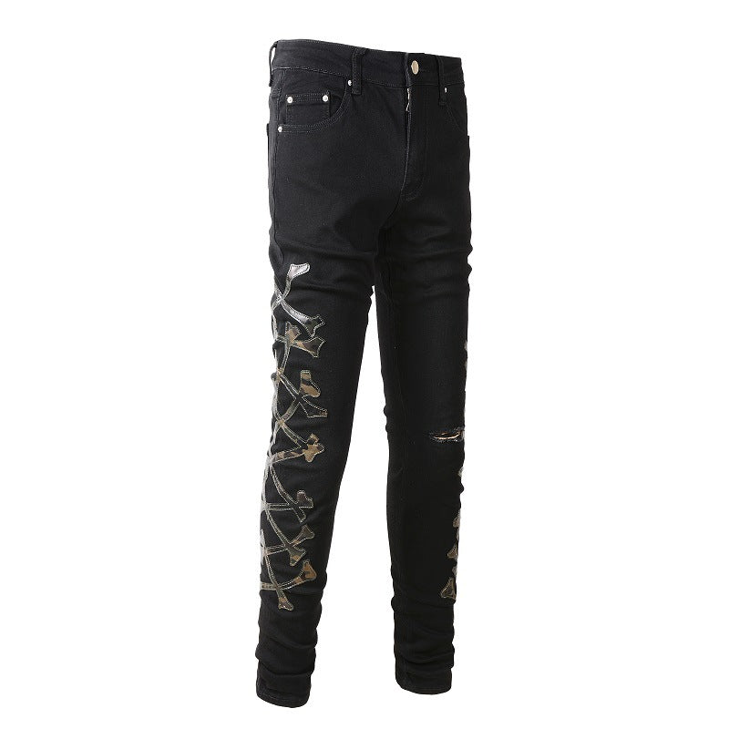 European and American Trendy Jeans Ripped Splicing Camouflage Leather Pattern Skinny Jeans #842