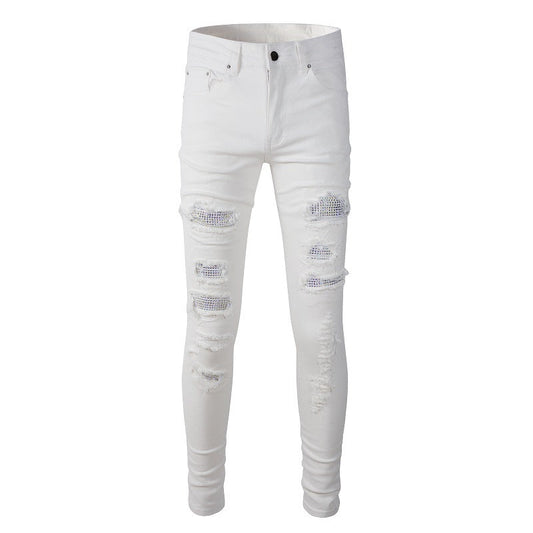 Foreign Trade Best-selling High Street Ripped Patch Diamond-encrusted Elastic Slim-fit White Jeans