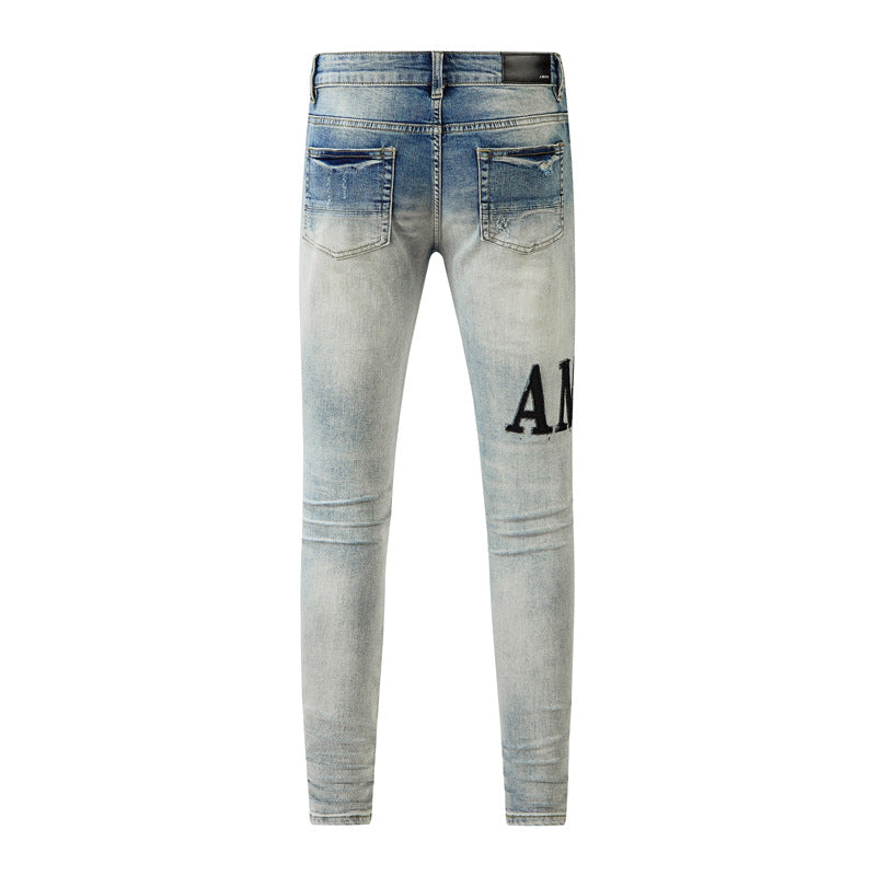 Jeans Mens Fashion Jean Demin High Amiirii Street Distressed Wash Patches Patched Letters Black (603-866)