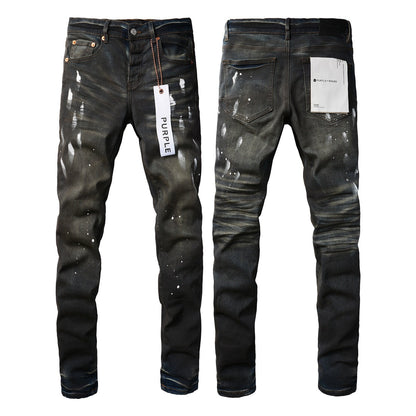 Mens Purple Ripped Jeans - Stylish Slim Fit Black Paint High Street Denim Pants 9036