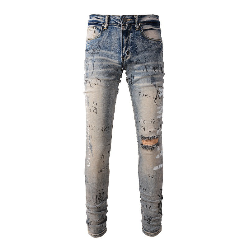 869 Fashion Street Spray Paint Colorful Letter Denim Cotton Youth Slim Jeans