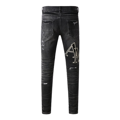 Stylish Black Distressed Jeans with Washed Effect and Unique Lettered Patchwork and Rips 8836