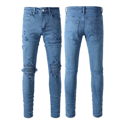 New Fashion Ripped Patch Jeans for Men, Crumpled and Won A Pair of Men's Jeans 1344