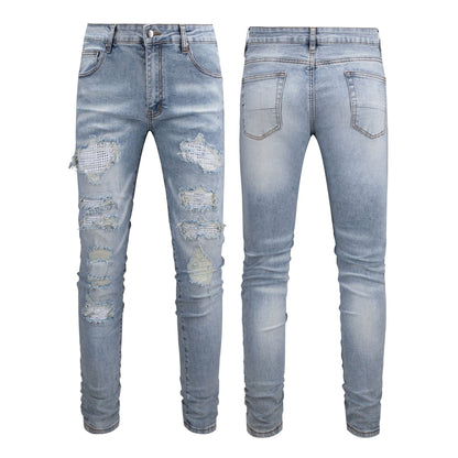 Men's Slim Fit White Jeans with Rhinestone Patches and Distressed Design 808