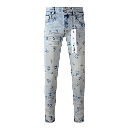 Trendy Blue Denim Pants 9063 with Unique Print Details for a Fashion-Forward Look