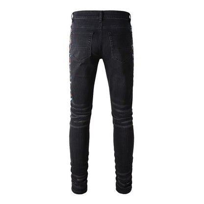 Street Denim Casual Trousers Micro-elastic Cotton Youth Black Paint-splashed Skinny Jeans #865