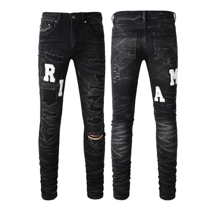 Street Jeans Leather Embroidered Letter Ripped Thread Patch Elastic Slim-fit Pants (1313-8815)