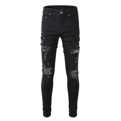 High Street Trend Ripped Patch Jeans Fashion Trend Slim-Fit Jeans