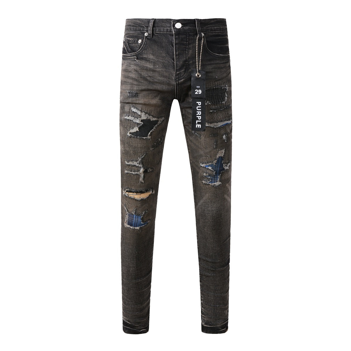 Chic Black Distressed Denim Pants 9080 Combining Rips and Patches for a Modern Style