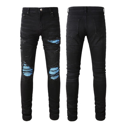 Men's Slim Fit Blue Jeans with Patchwork and Wrinkle Design for Street Style 8870