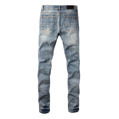 Fashionable Slim Fit Denim with a Washed Effect and Blue Rhinestone Embellishments 8835