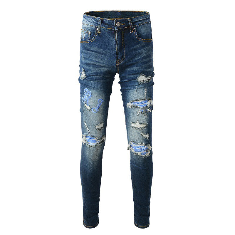 TRENDAMIRI European and American Street Trendy Brand Ripped Patch Jeans High Street Embroidery Letters Slim Feet #838