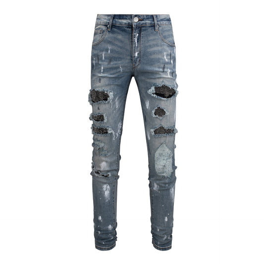 Men's Slim Fit Black Jeans with Paint Design and Patchwork Distressed Look 6626