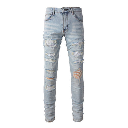 Cross-border Jeans Trendy Brand Retro Jeans Diamond-encrusted Men's Jeans Elastic and Slim #808