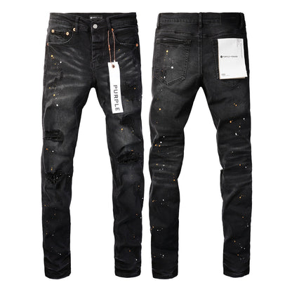 Mens Jeans - Distressed Black Denim with Knee Slit and Ripped Hole 9045