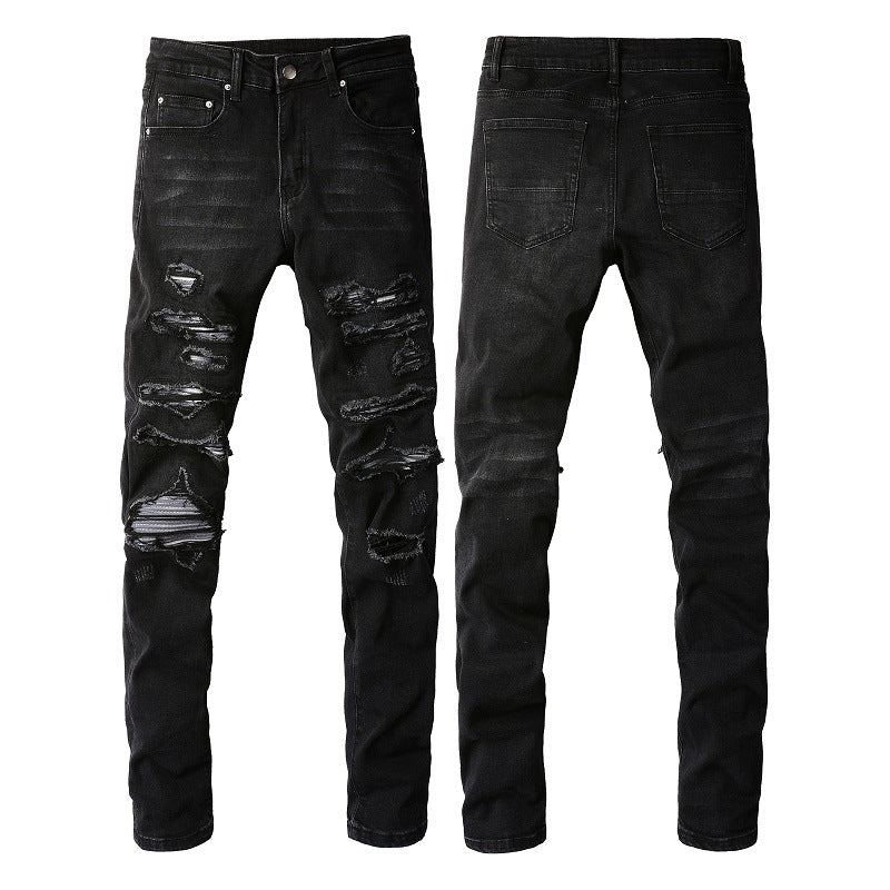 891 Slim Fit Stretch Black Washed Jeans with Versatile Faux Leather Accents