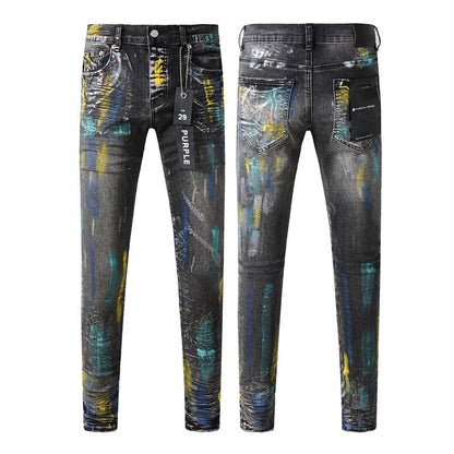 Fashionable Black Jeans with Bold Colorful Paint and Graffiti Detailing