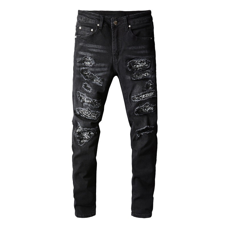 Men's Tight Fit Black Jeans with Paisley Patches and Distressed Details