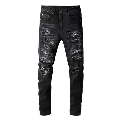 Men's Tight Fit Black Jeans with Paisley Patches and Distressed Details