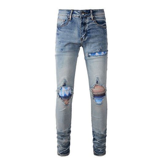 Personalized Printing Ripped Patch Jeans for Men, A Large-size Jeans for Foreign Trade