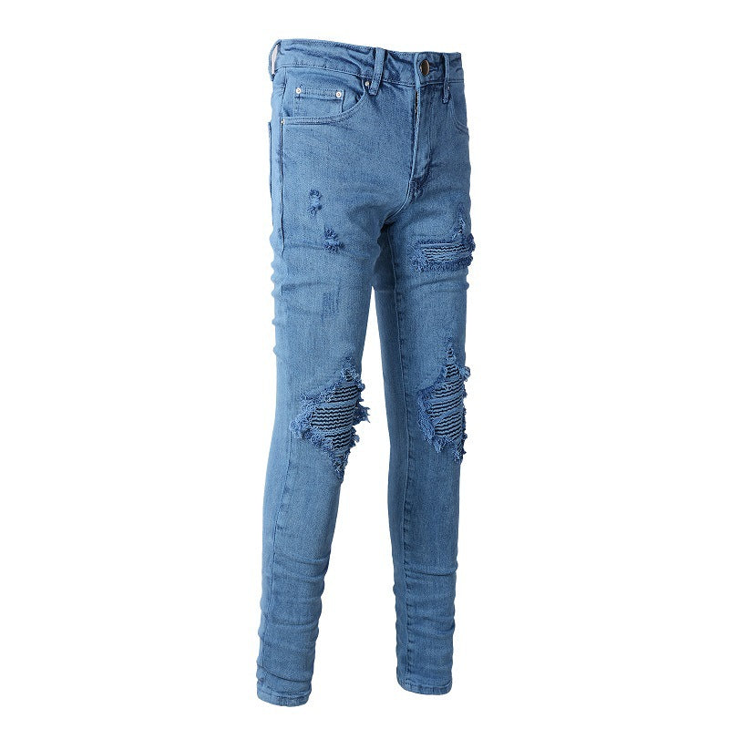 New Fashion Ripped Patch Jeans for Men, Crumpled and Won A Pair of Men's Jeans 1344