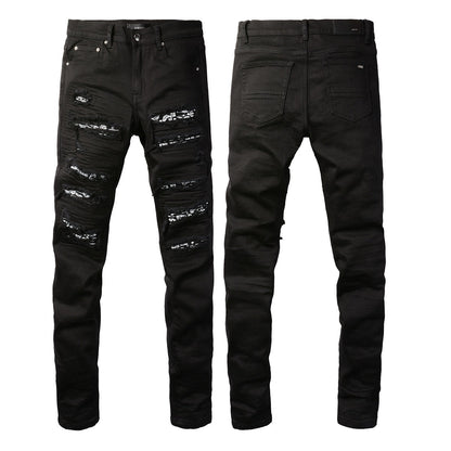 Slim Fit Black Stretch Jeans with Versatile Design and Faux Leather Panels 8607