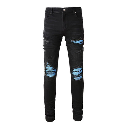 Men's Slim Fit Blue Jeans with Patchwork and Wrinkle Design for Street Style 8870