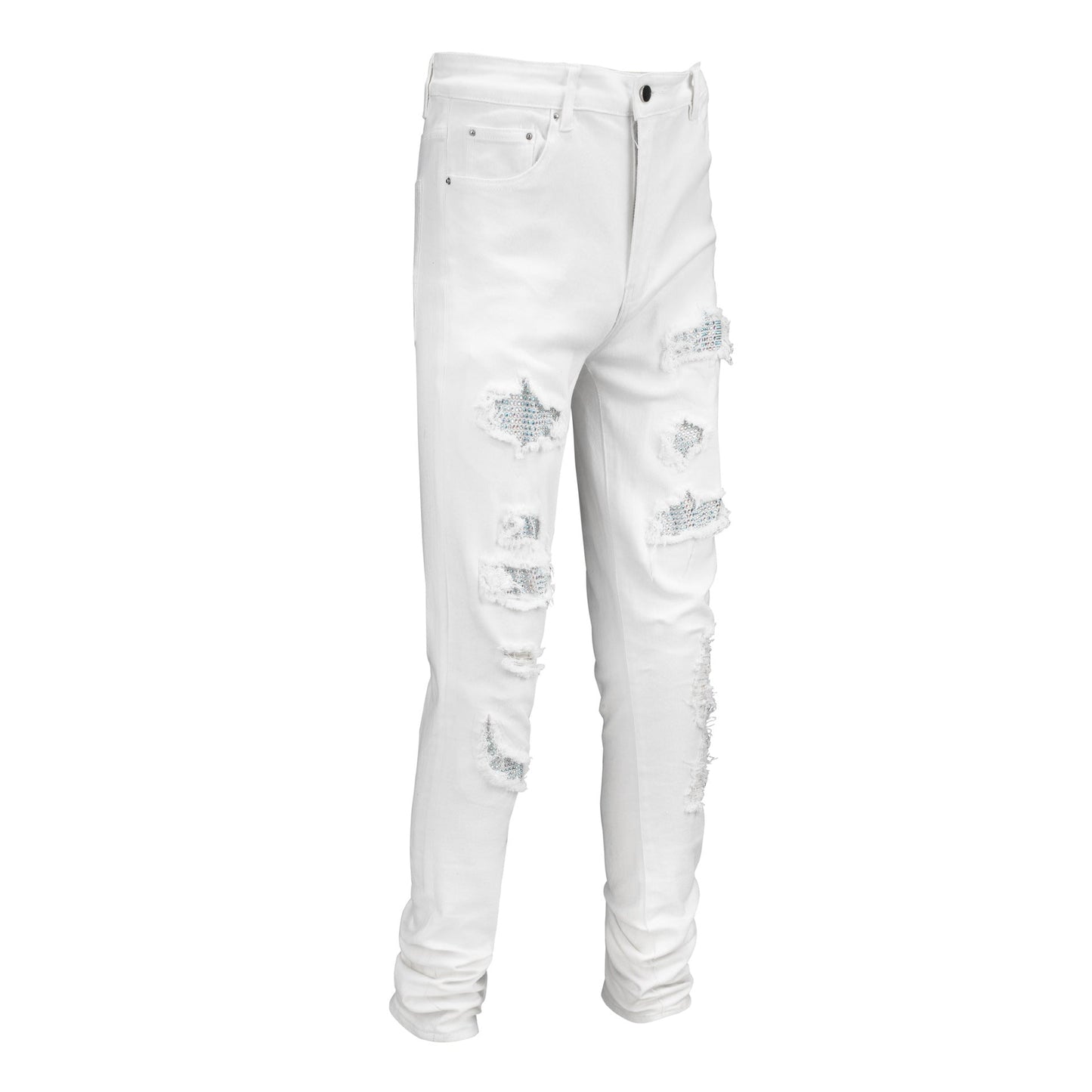 Men's Tight Fit White Jeans with Rhinestone and Patchwork for Street Style 625