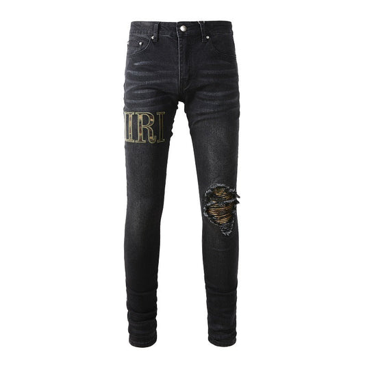 American Street Tide Ripped Patch Letter Embroidery High Street Slim Fit Pants Jeans #872