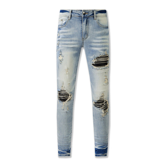 Retro Style Washed Jeans (8807-848) Featuring a Distressed Look and Bold Rips