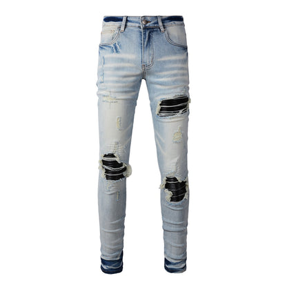 Mens Punk Slim Stretch Distressed Jeans With Ripped Knee Patch Blue Pants 848