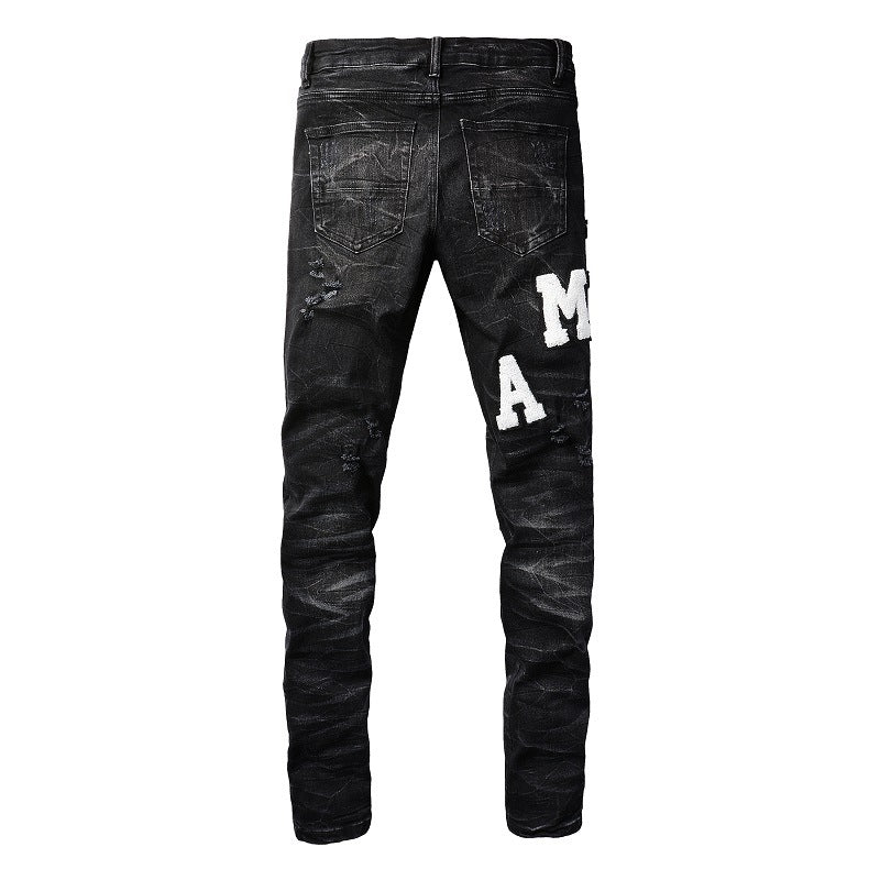 Street Jeans Leather Embroidered Letter Ripped Thread Patch Elastic Slim-fit Pants (1313-8815)